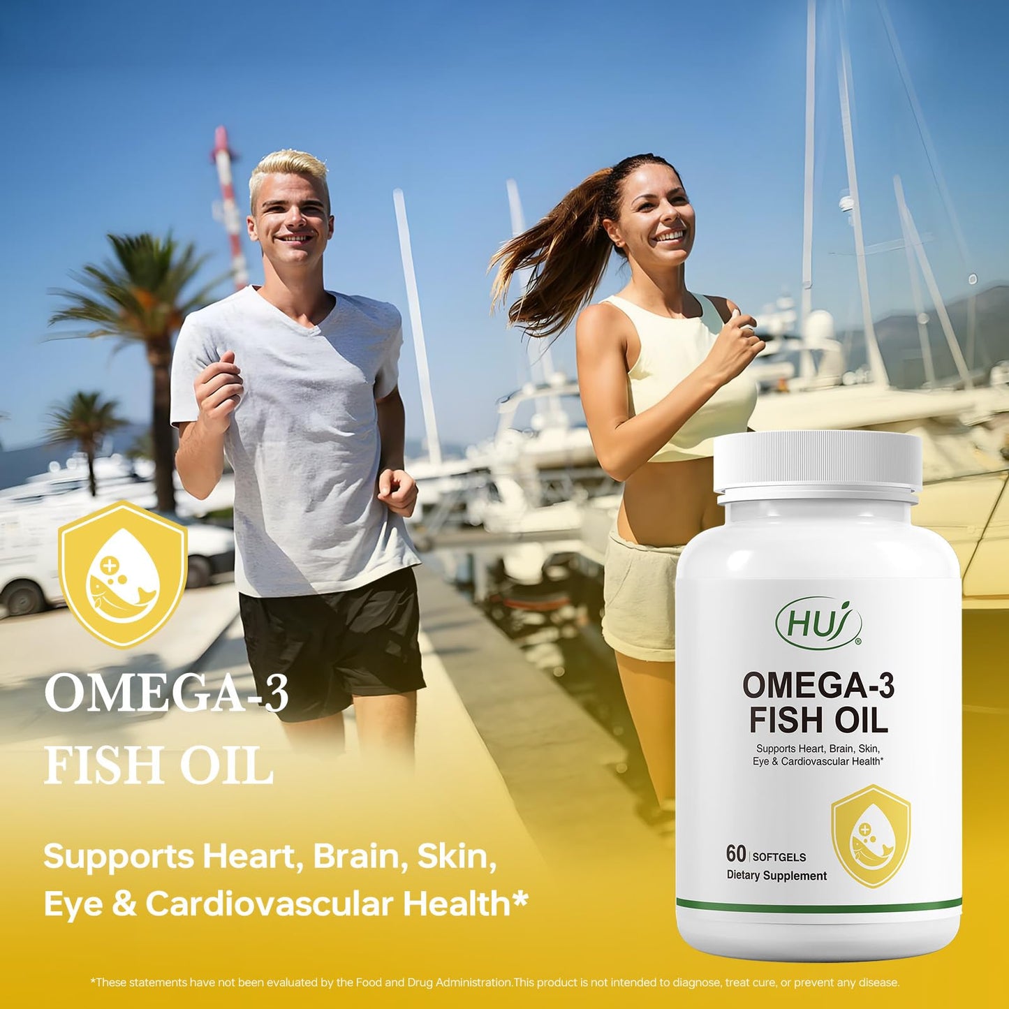 HUJ Omega 3 Fish Oil 1000mg Softgels – EPA+DPA, Heart, Brain, Skin, Eyes & Cardiovascular Support | 60 Softgels