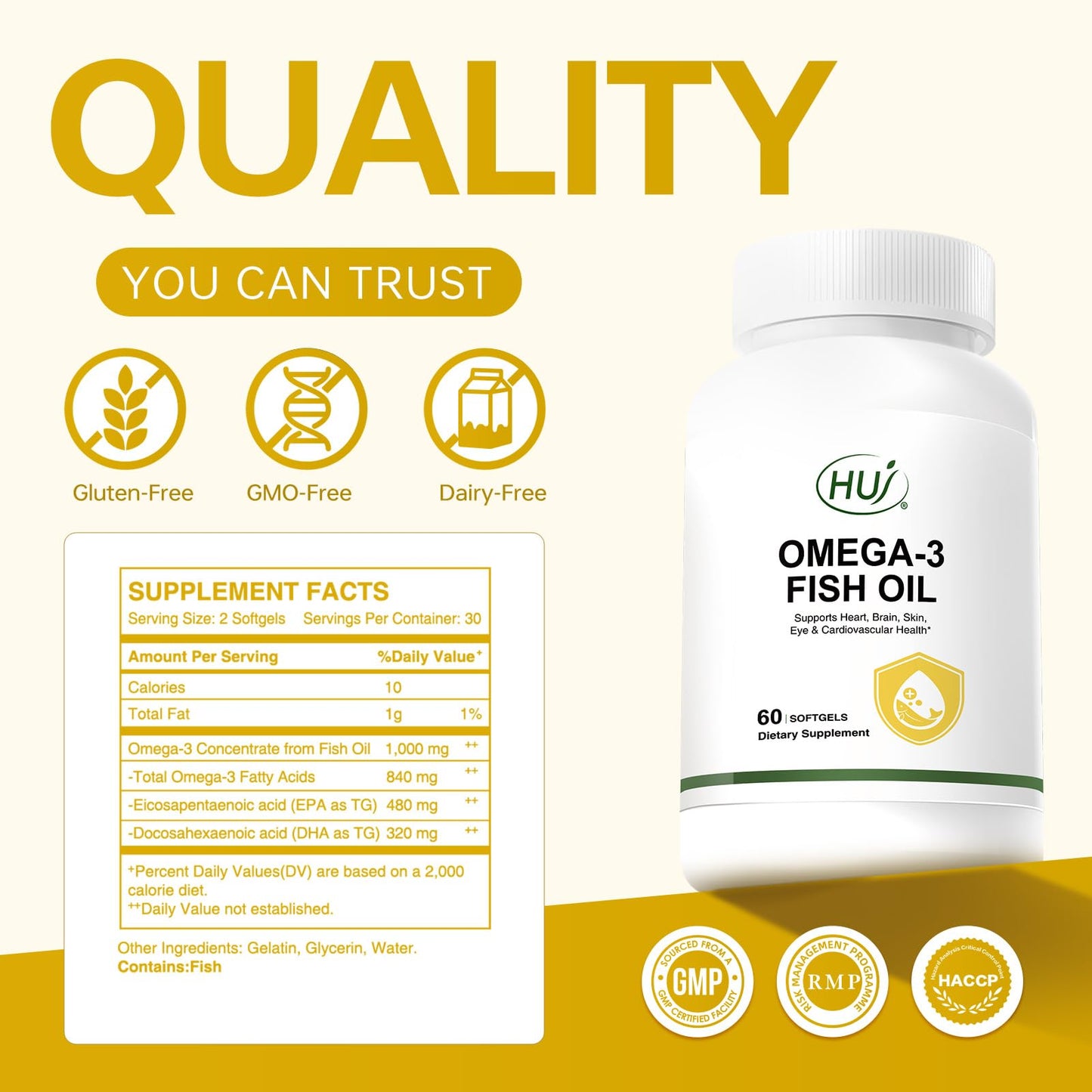 HUJ Omega 3 Fish Oil 1000mg Softgels – EPA+DPA, Heart, Brain, Skin, Eyes & Cardiovascular Support | 60 Softgels
