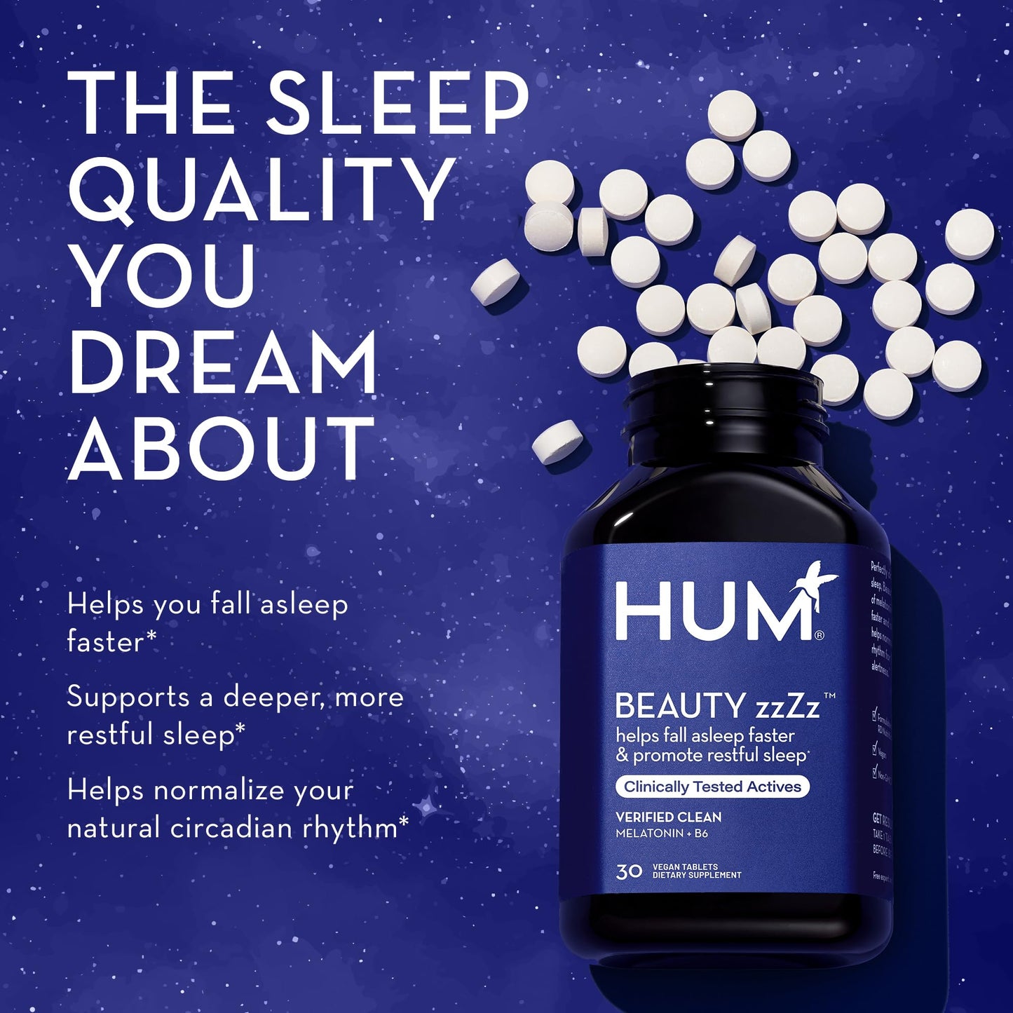 HUM Beauty zzZz Melatonin Sleep Supplement – 3mg, Vegan, Gluten Free, 30 Tablets
