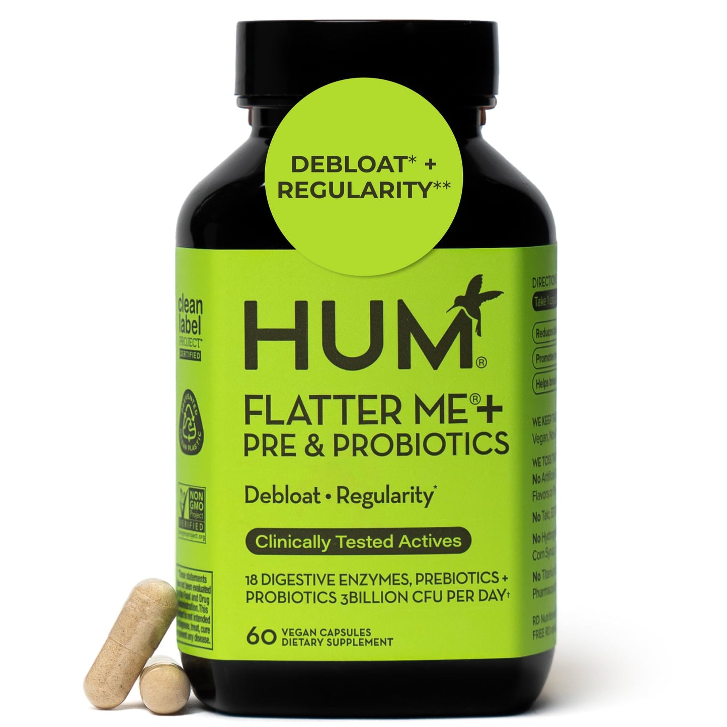 HUM Flatter Me Digestive Enzymes | Fast Debloat Formula, 60 Capsules