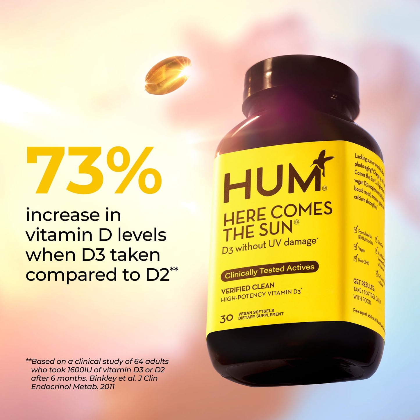 Here Comes The Sun Vitamin D3 Immune Support – 2000 IU, Vegan, 30 Softgels by HUM