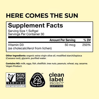Here Comes The Sun Vitamin D3 Immune Support – 2000 IU, Vegan, 30 Softgels by HUM