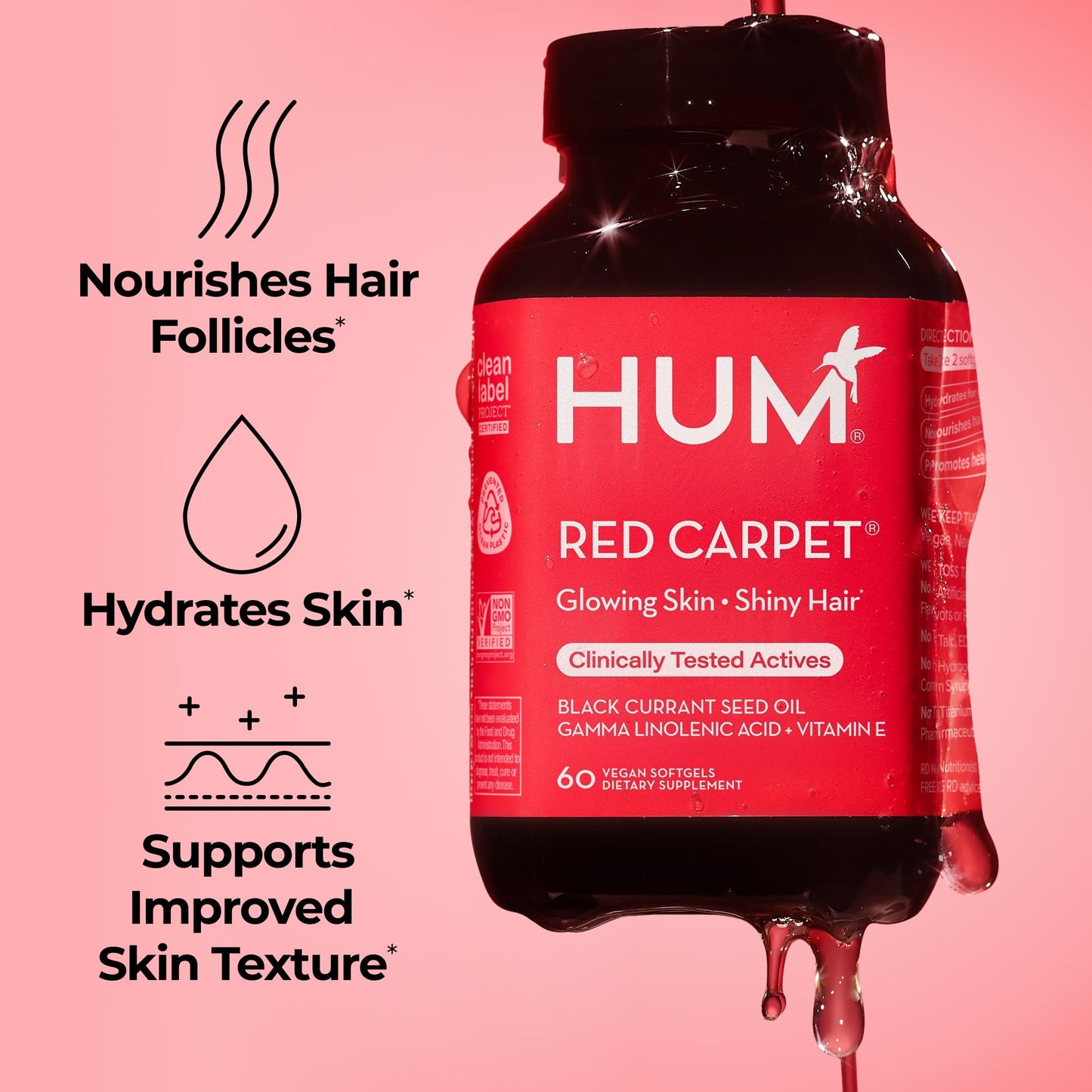 HUM Red Carpet Skin & Hair Vitamins for Women – Omega-3, Vitamin E & Black Currant Seed Oil (60 Count)