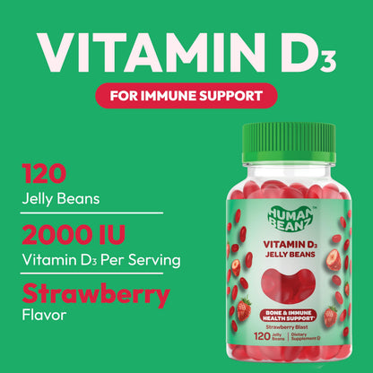 Human Beanz Vitamin D3 Jelly Bean Gummies for Adults – 2000 IU, Immunity Support, 120 Strawberry Blast, Kosher