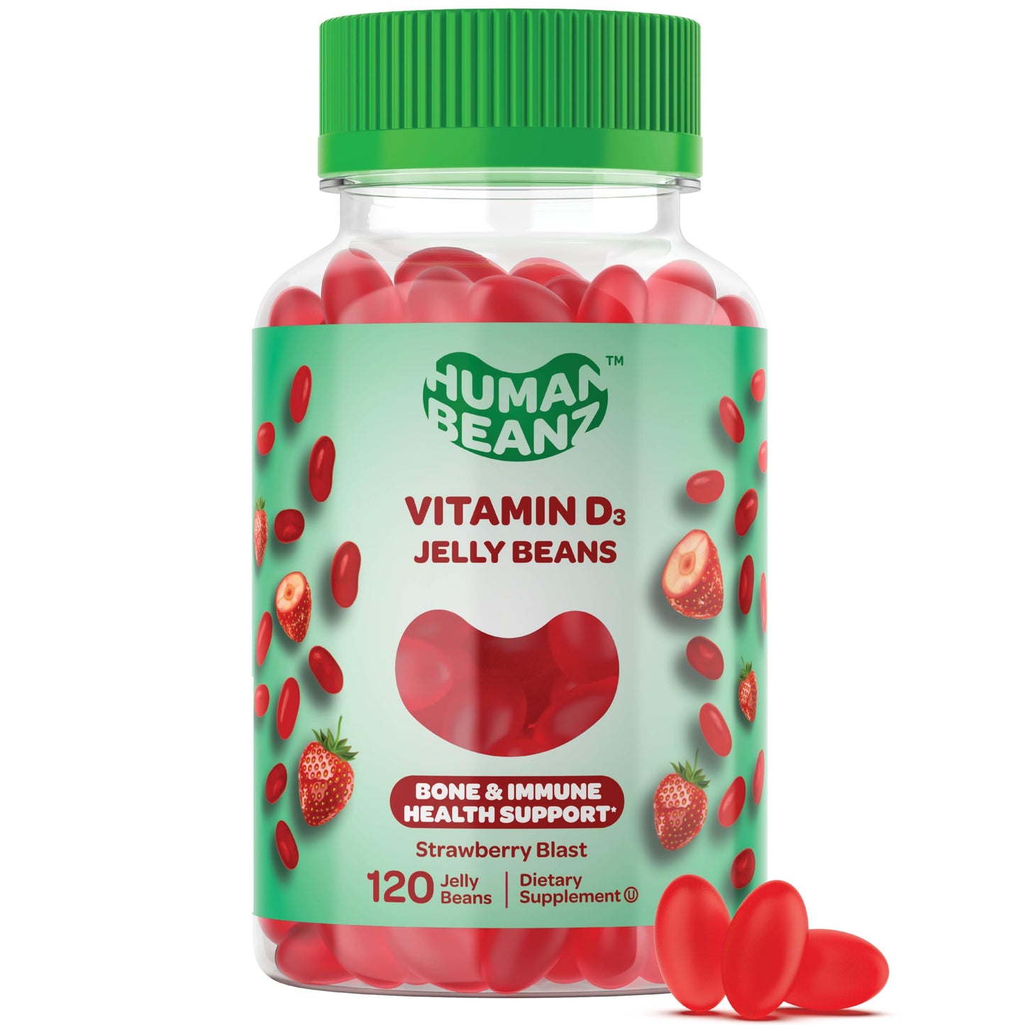 Human Beanz Vitamin D3 Jelly Bean Gummies for Adults – 2000 IU, Immunity Support, 120 Strawberry Blast, Kosher