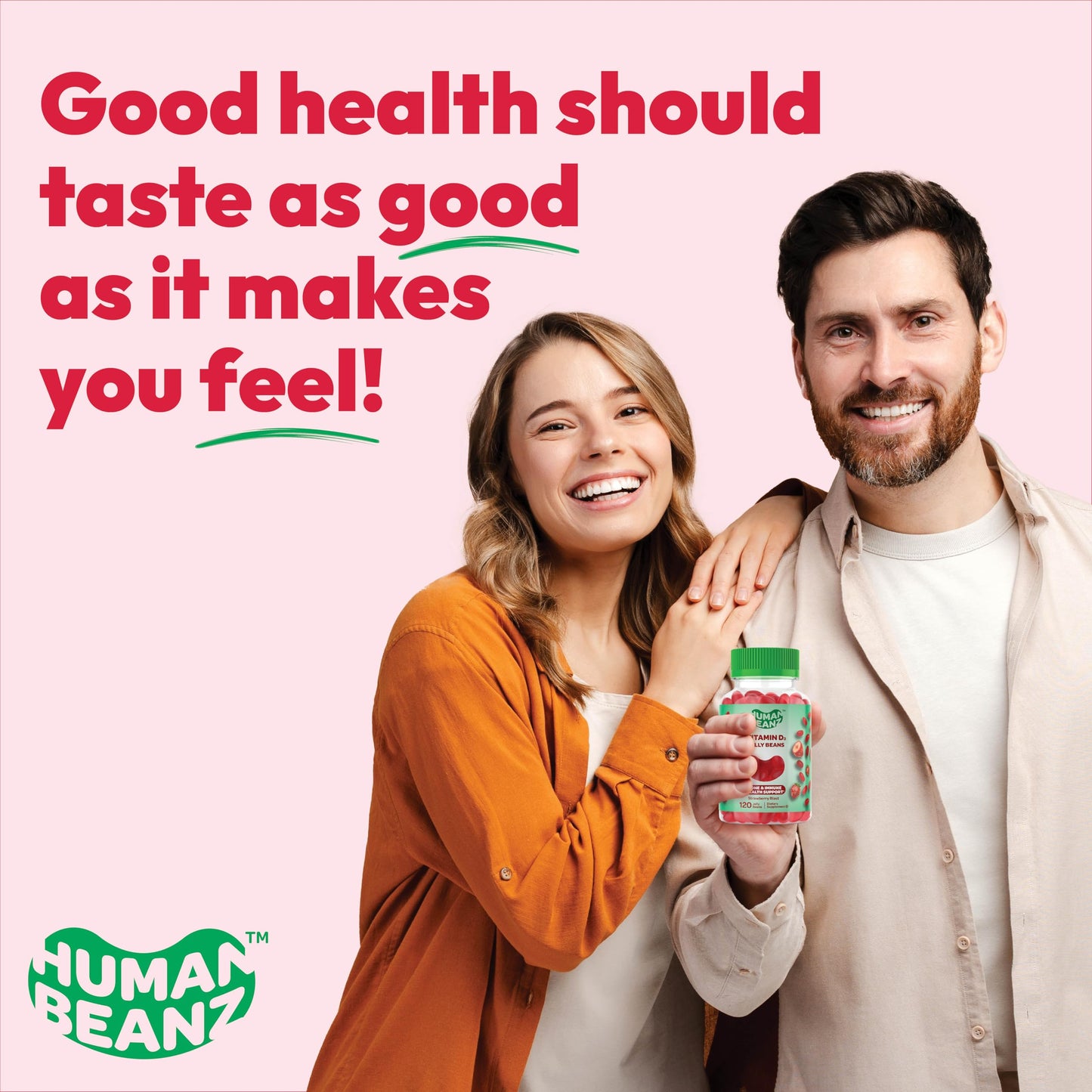 Human Beanz Vitamin D3 Jelly Bean Gummies for Adults – 2000 IU, Immunity Support, 120 Strawberry Blast, Kosher