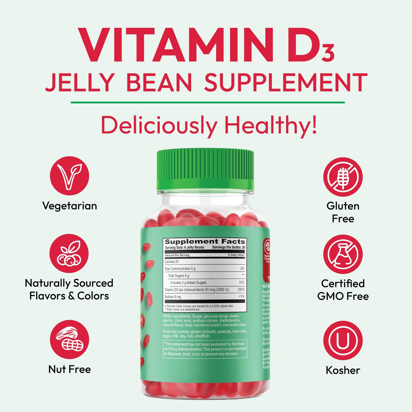 Human Beanz Vitamin D3 Jelly Bean Gummies for Adults – 2000 IU, Immunity Support, 120 Strawberry Blast, Kosher