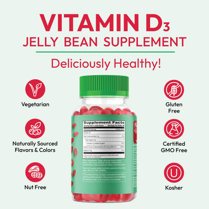 Human Beanz Vitamin D3 Jelly Bean Gummies for Adults – 2000 IU, Immunity Support, 120 Strawberry Blast, Kosher