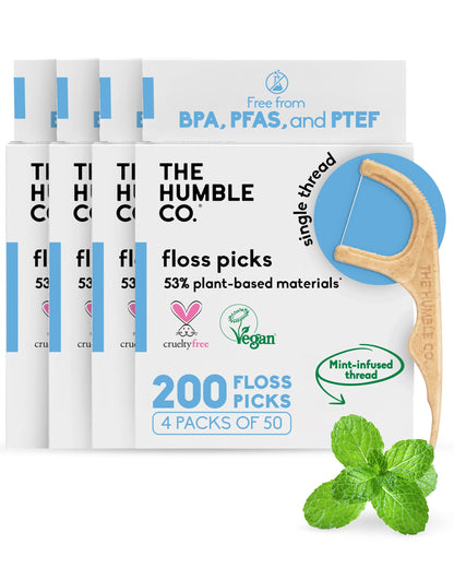 The Humble Co Mint Dental Floss Picks - 200 Count, Plant-Based & Dual-Ended