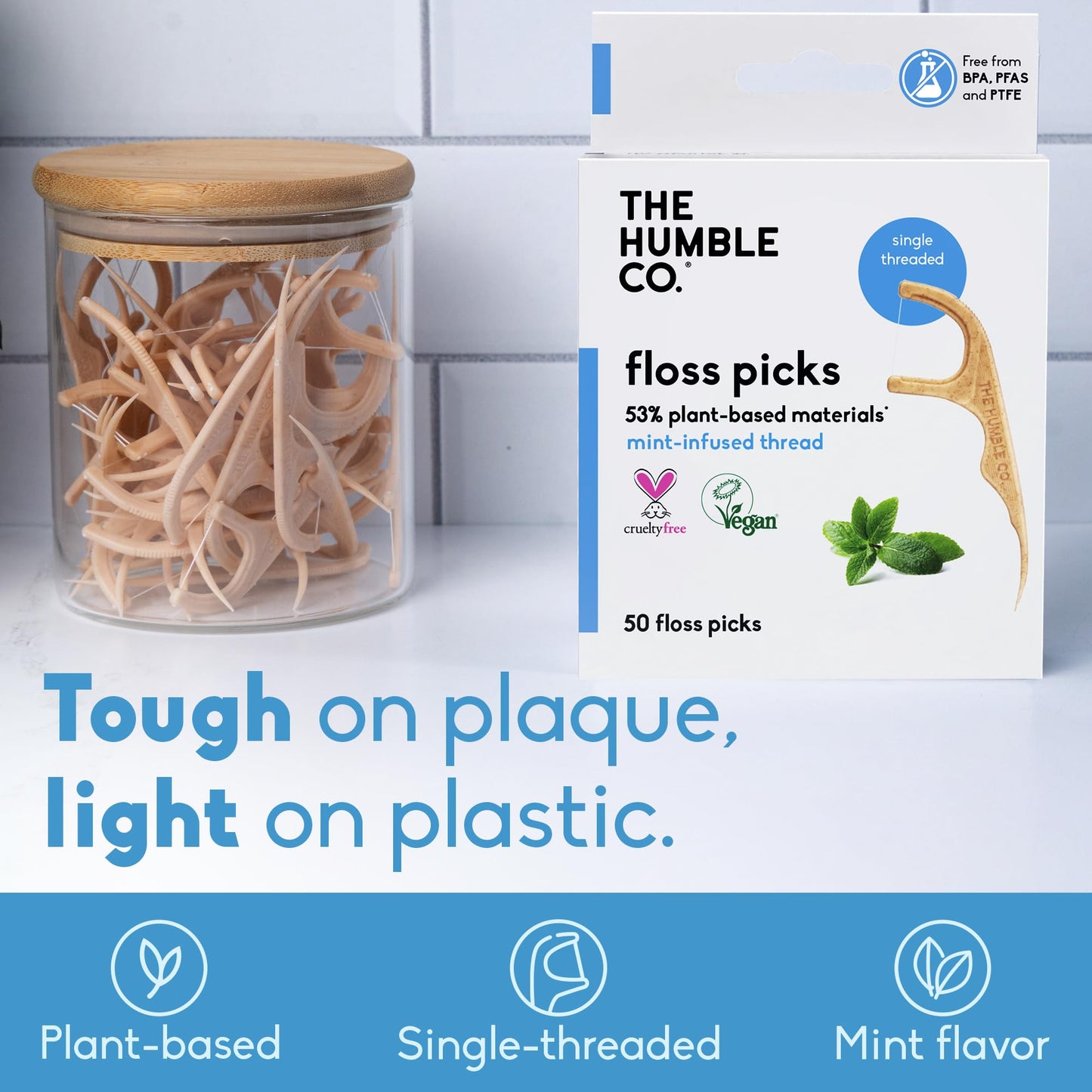 The Humble Co Mint Dental Floss Picks - 200 Count, Plant-Based & Dual-Ended