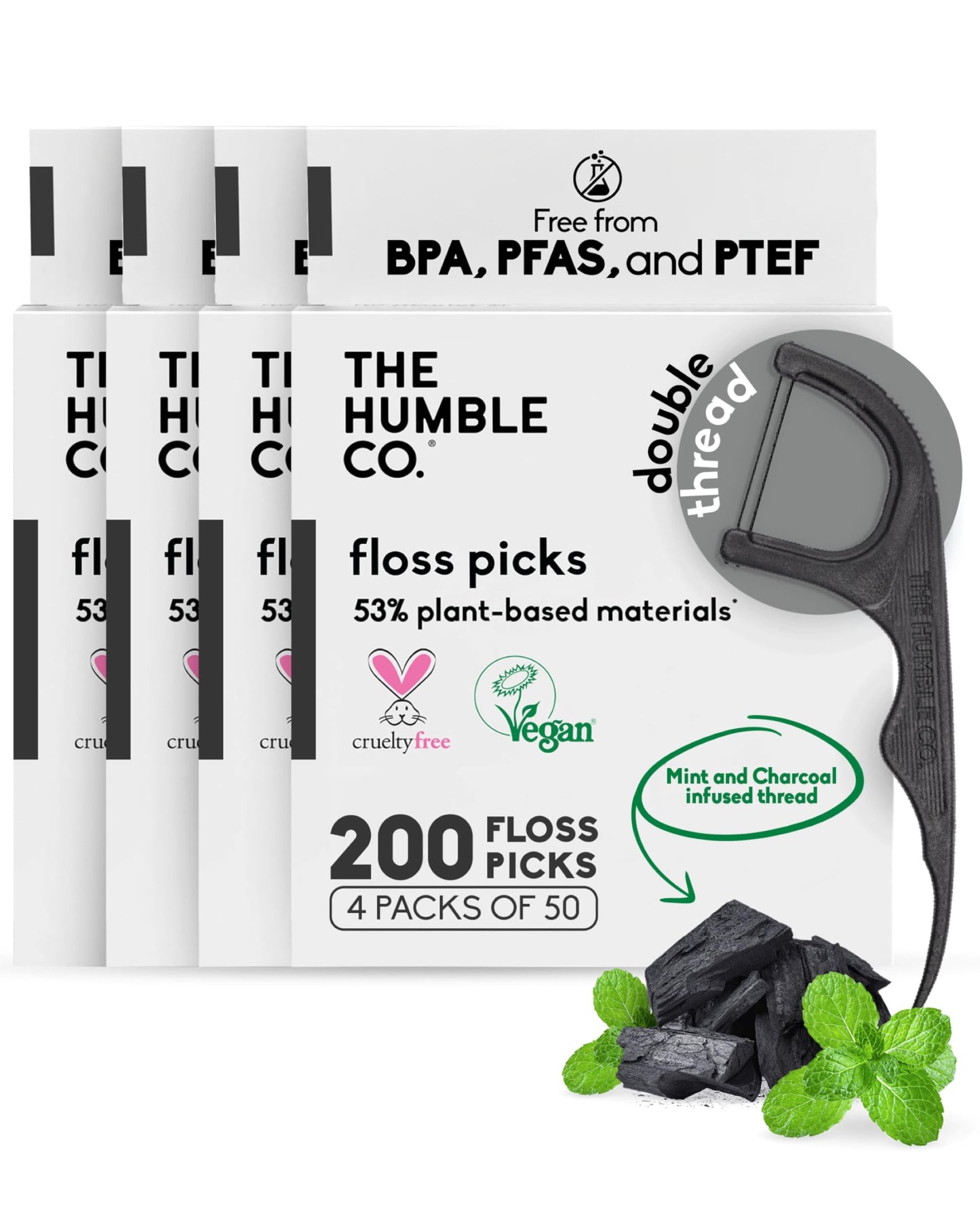The Humble Co. Floss Picks 200 Count - Plant-Based, Charcoal, Double-Thread