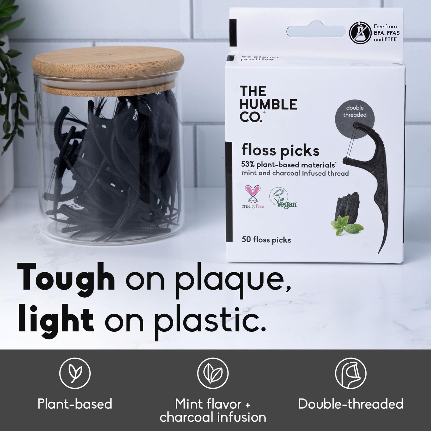 The Humble Co. Floss Picks 200 Count - Plant-Based, Charcoal, Double-Thread