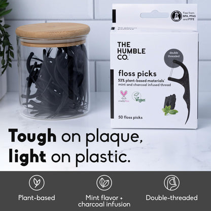 The Humble Co. Floss Picks 200 Count - Plant-Based, Charcoal, Double-Thread