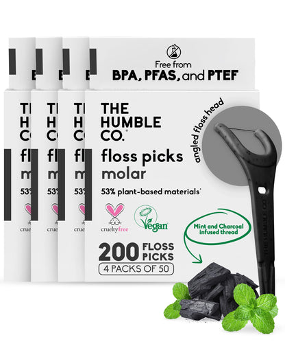 The Humble Co Molar Floss Picks – 200 Count, Charcoal, Angled for Molars