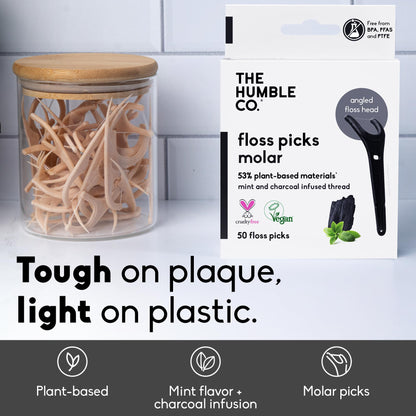 The Humble Co Molar Floss Picks – 200 Count, Charcoal, Angled for Molars