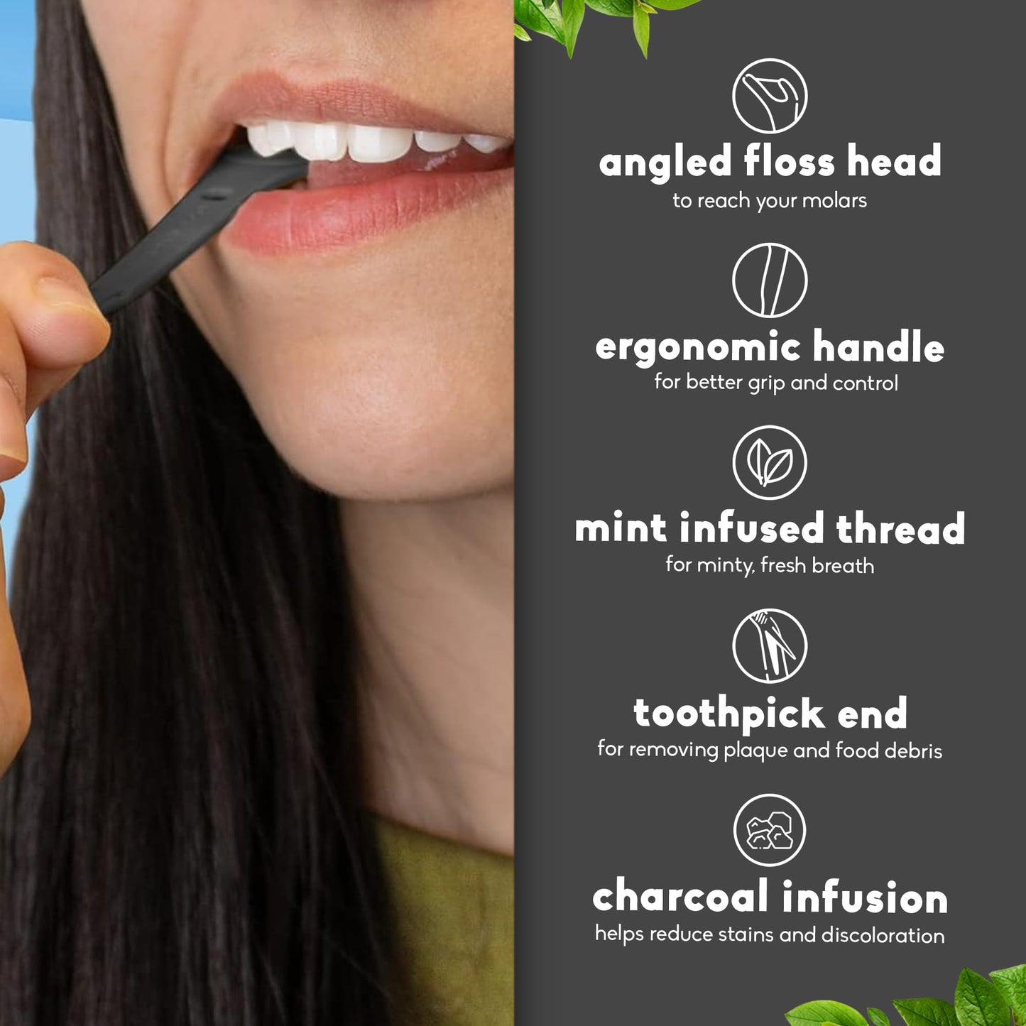The Humble Co Molar Floss Picks – 200 Count, Charcoal, Angled for Molars
