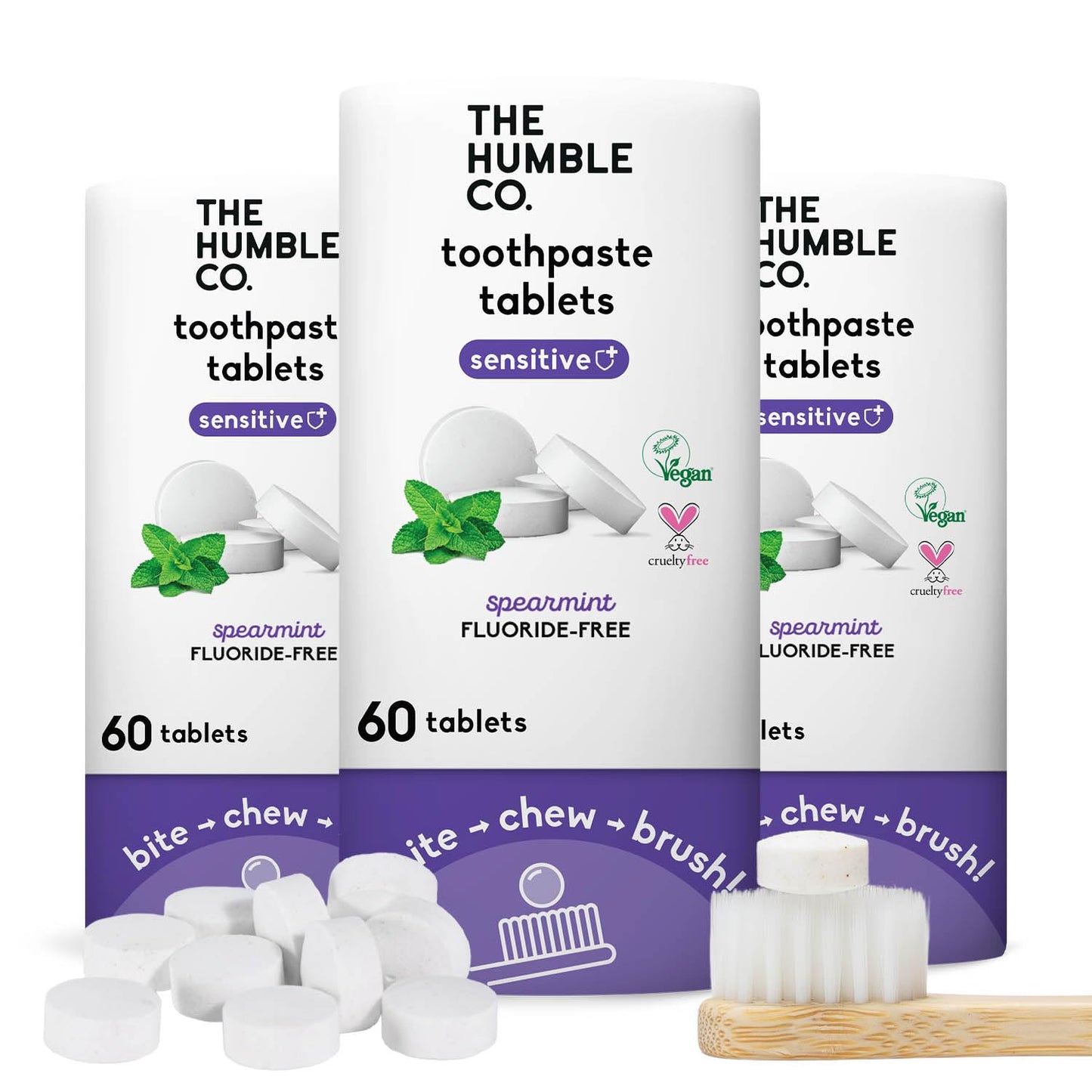 The Humble Co Sensitive Chewable Toothpaste Tablets – Spearmint, Fluoride-Free, 180 Count