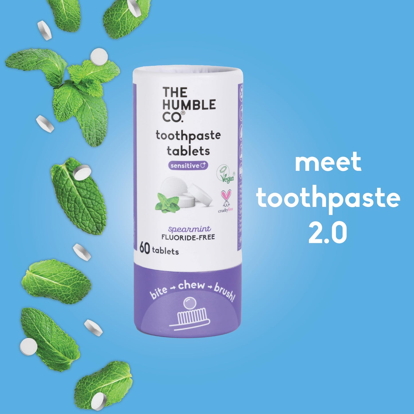 The Humble Co Sensitive Chewable Toothpaste Tablets – Spearmint, Fluoride-Free, 180 Count
