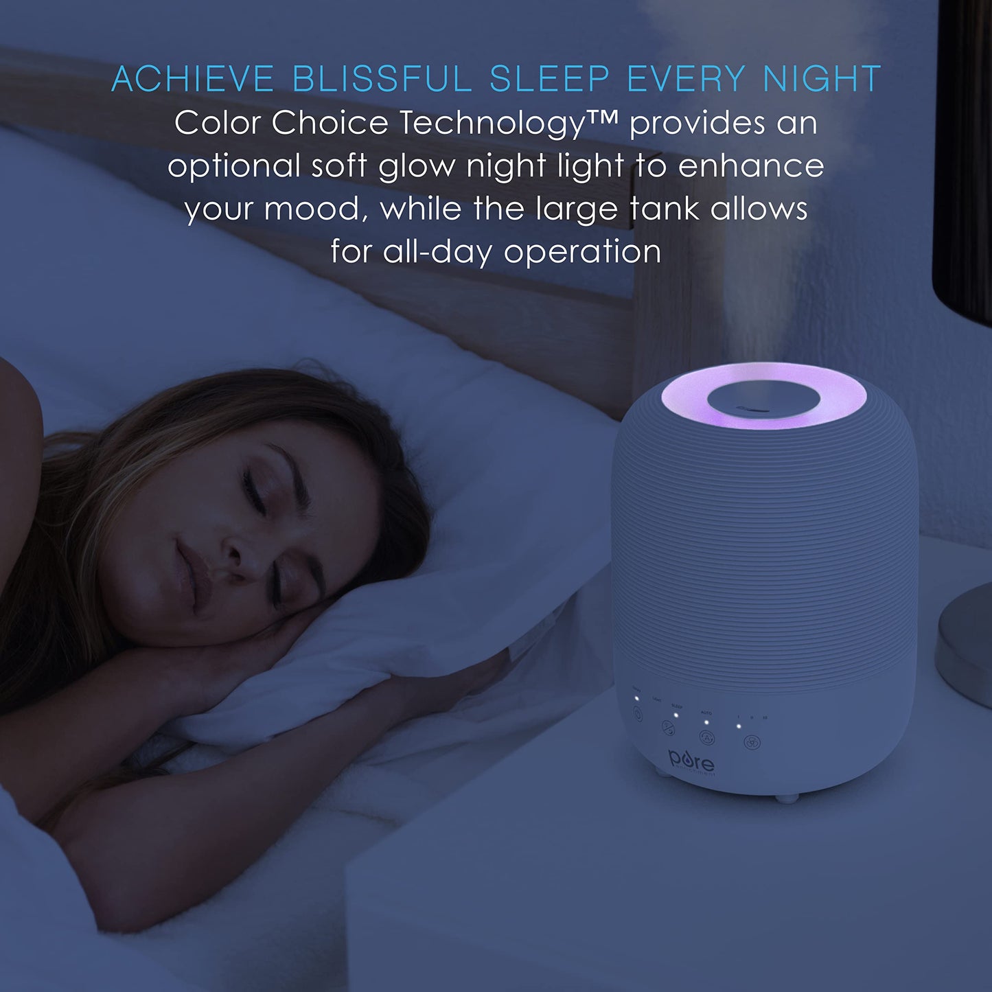 Pure Enrichment HUME Sense Top Fill Humidifier – 3L Tank, Auto Humidity Sensor, Night Light