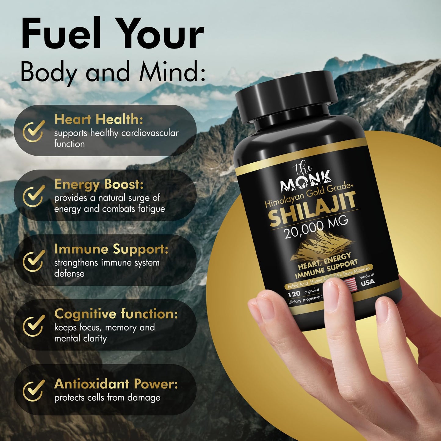Organic Shilajit Gold Grade Plus – Fulvic & Humic Acids, 120 Capsules, USA Made