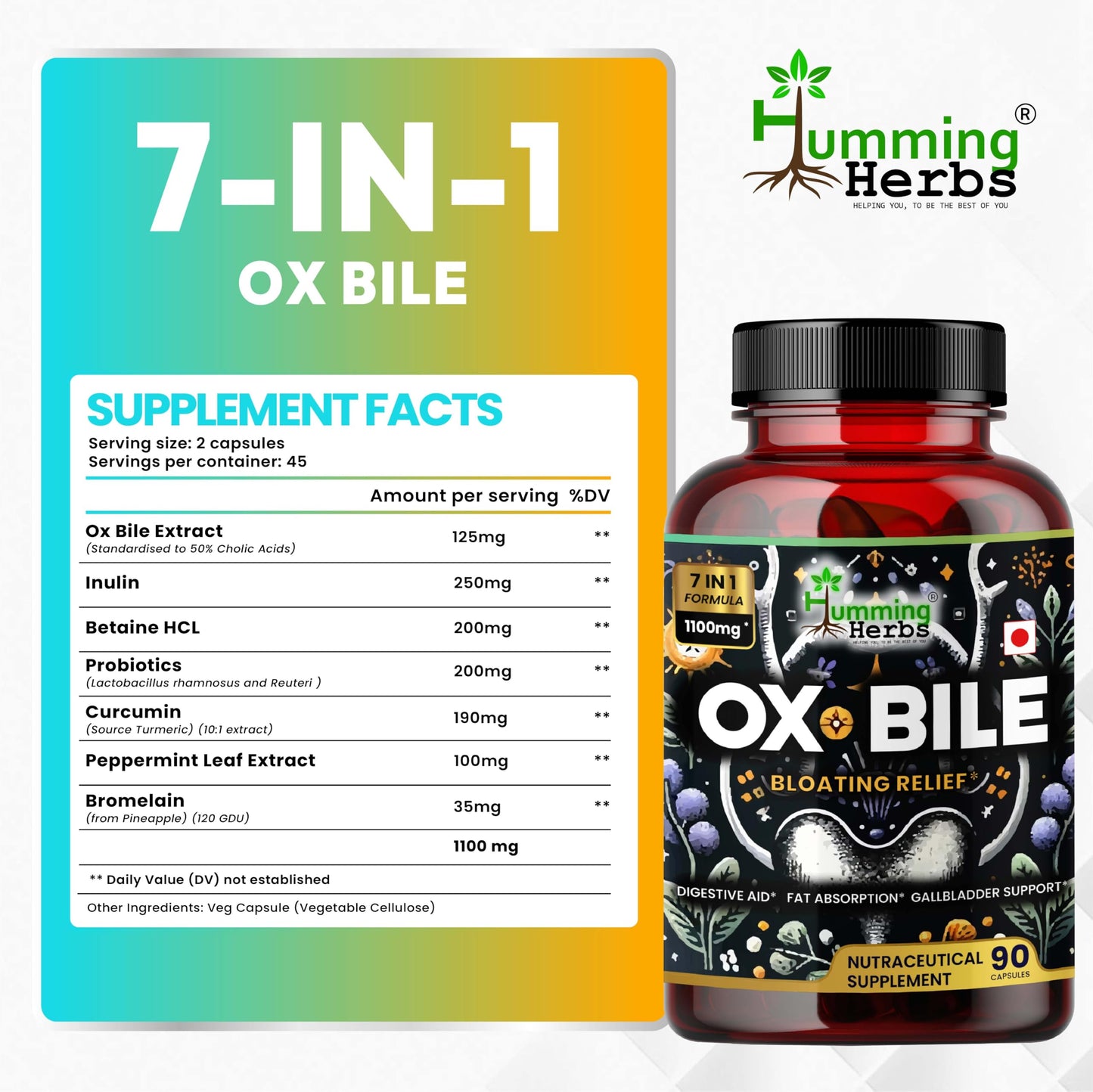Humming Herbs Ox Bile with Digestive Enzymes & Probiotics – 90 Veg Caps