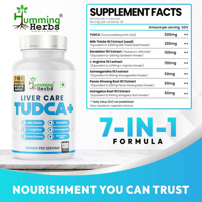 Humming Herbs TUDCA 7in1 Complex – Milk Thistle, L-Arginine, Ashwagandha (180 Capsules)