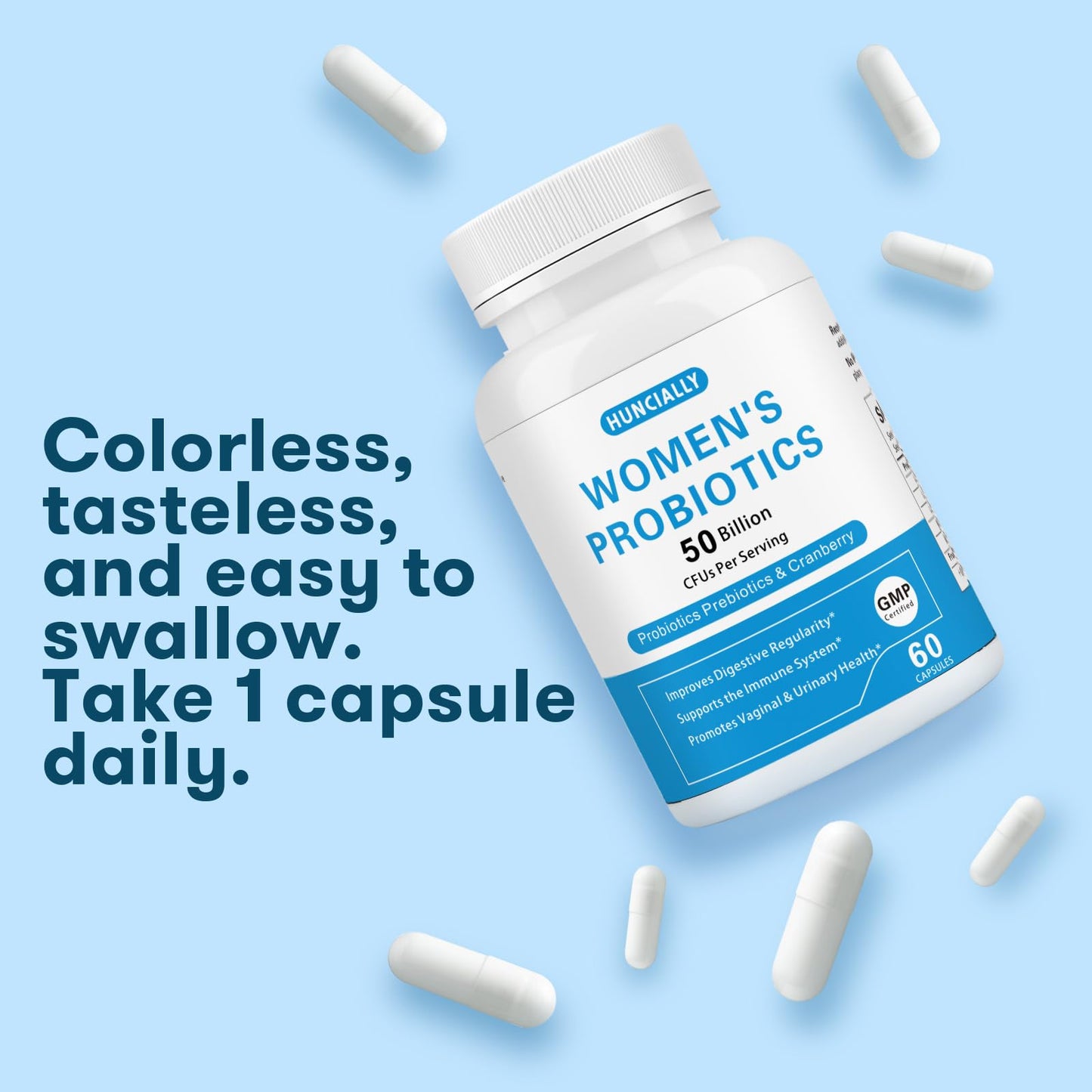 HUNCIALLY Women's Probiotic 50B CFUs | Prebiotics & Cranberry | Digestive, Immune & Vaginal Health (60 Capsules)
