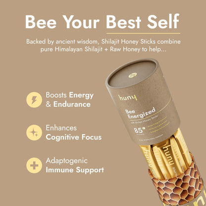 HUNY Bee Energized Shilajit Honey Sticks – 85+ Minerals for Clean Energy, Focus & Immune Support | 30 Count