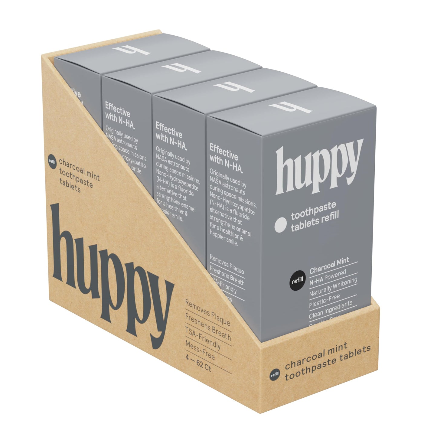 HUPPY Charcoal Toothpaste Tablets – Nano Hydroxyapatite, Fluoride Free, Remineralizing, Travel Tin