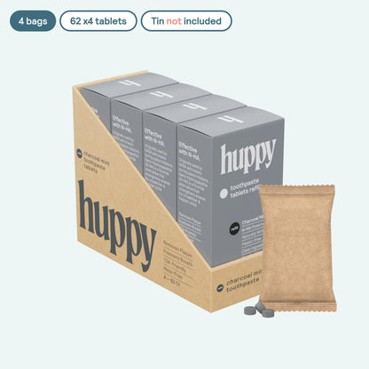HUPPY Charcoal Toothpaste Tablets – Nano Hydroxyapatite, Fluoride Free, Remineralizing, Travel Tin