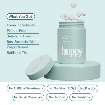 HUPPY Toothpaste Tablets – Nano Hydroxyapatite, Fluoride-Free Whitening (62 Count)