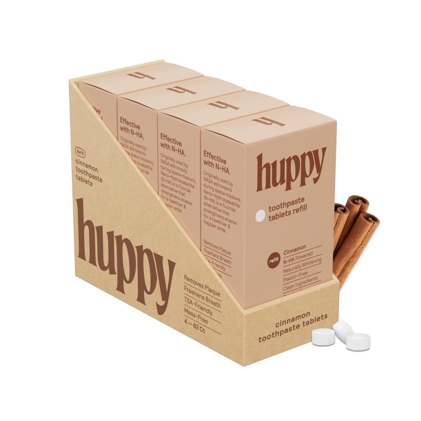 Huppy Toothpaste Tablets Cinnamon - Nano Hydroxyapatite, Fluoride Free, Remineralizing & Whitening | Travel Tin (4 Month Refill)