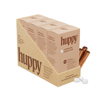 Huppy Toothpaste Tablets Cinnamon - Nano Hydroxyapatite, Fluoride Free, Remineralizing & Whitening | Travel Tin (4 Month Refill)
