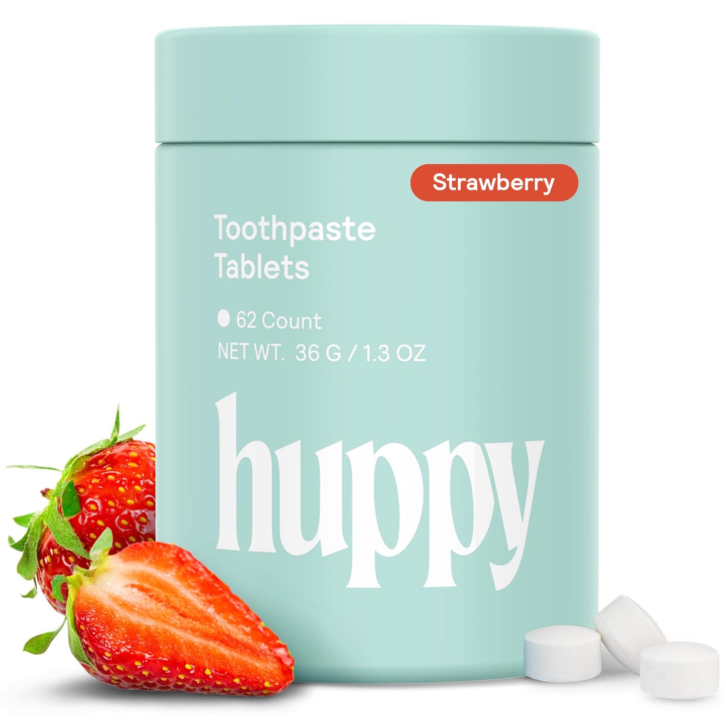 HUPPY Toothpaste Tablets – Nano Hydroxyapatite, Fluoride Free, Remineralizing, Natural Whitening – Travel Tin, Strawberry Flavor, 62 Count