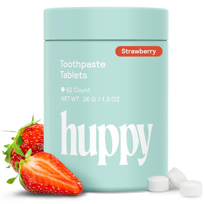 HUPPY Toothpaste Tablets – Nano Hydroxyapatite, Fluoride Free, Remineralizing, Natural Whitening – Travel Tin, Strawberry Flavor, 62 Count