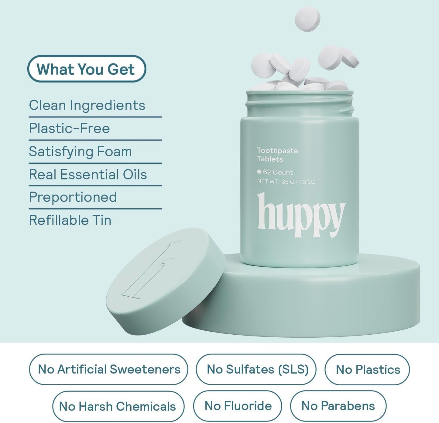 HUPPY Toothpaste Tablets – Nano Hydroxyapatite, Fluoride Free, Remineralizing, Natural Whitening – Travel Tin, Strawberry Flavor, 62 Count