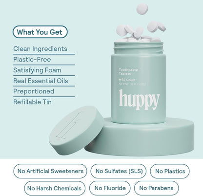HUPPY Toothpaste Tablets – Nano Hydroxyapatite, Fluoride Free, Remineralizing, Natural Whitening – Travel Tin, Strawberry Flavor, 62 Count