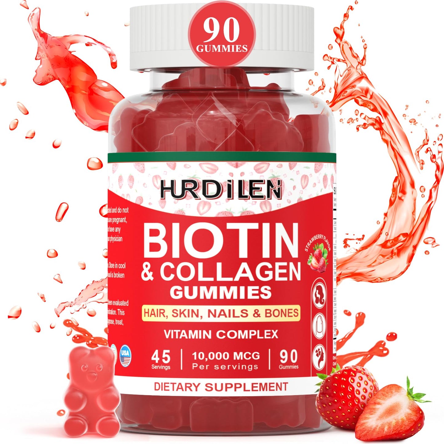 Hurdilen Biotin Collagen Gummies – 10,000 mcg Biotin for Hair, Skin & Nails | 90 Gummies