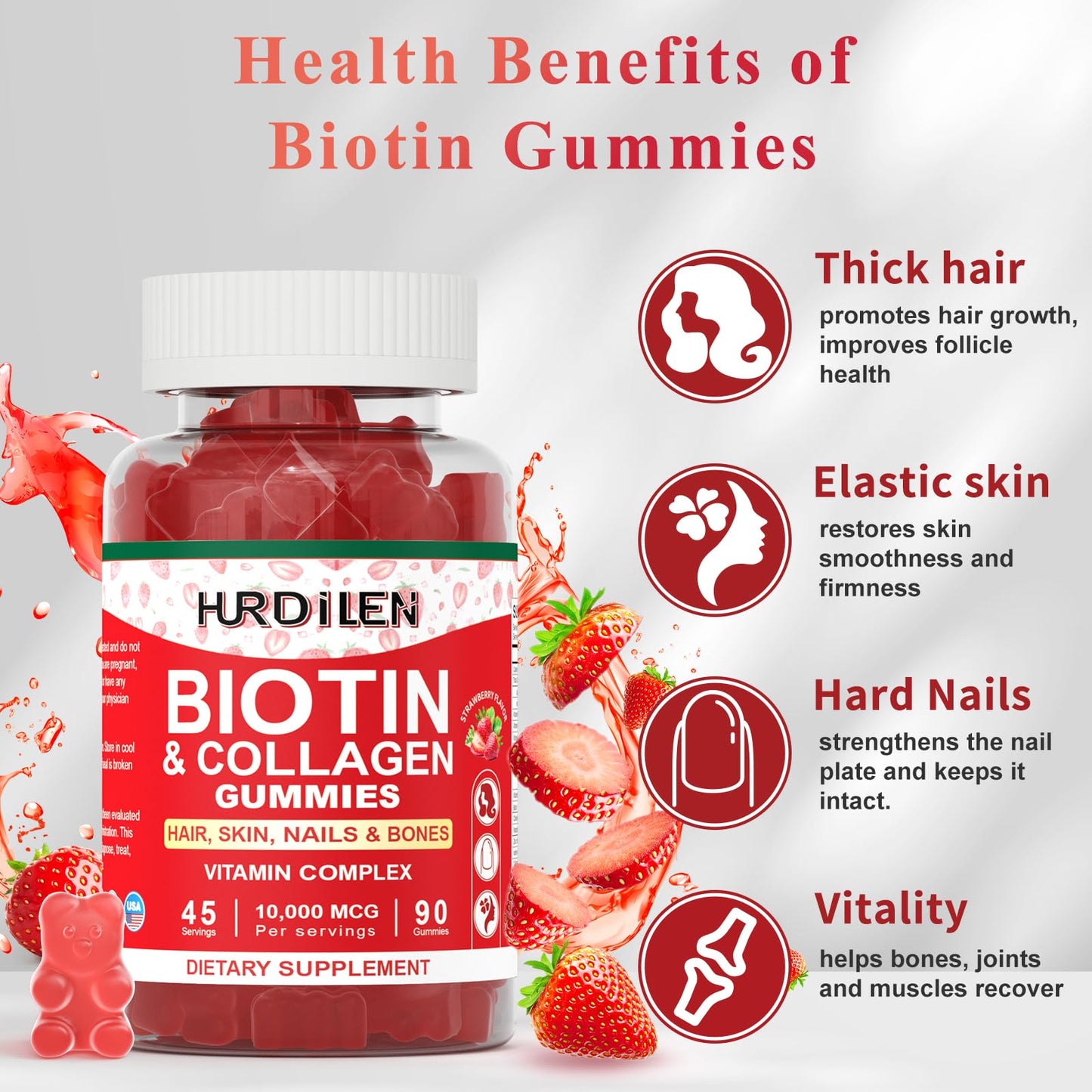 Hurdilen Biotin Collagen Gummies – 10,000 mcg Biotin for Hair, Skin & Nails | 90 Gummies