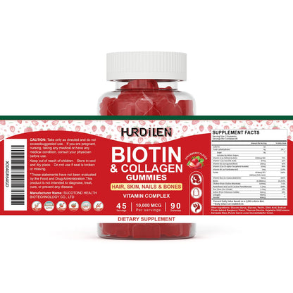 Hurdilen Biotin Collagen Gummies – 10,000 mcg Biotin for Hair, Skin & Nails | 90 Gummies