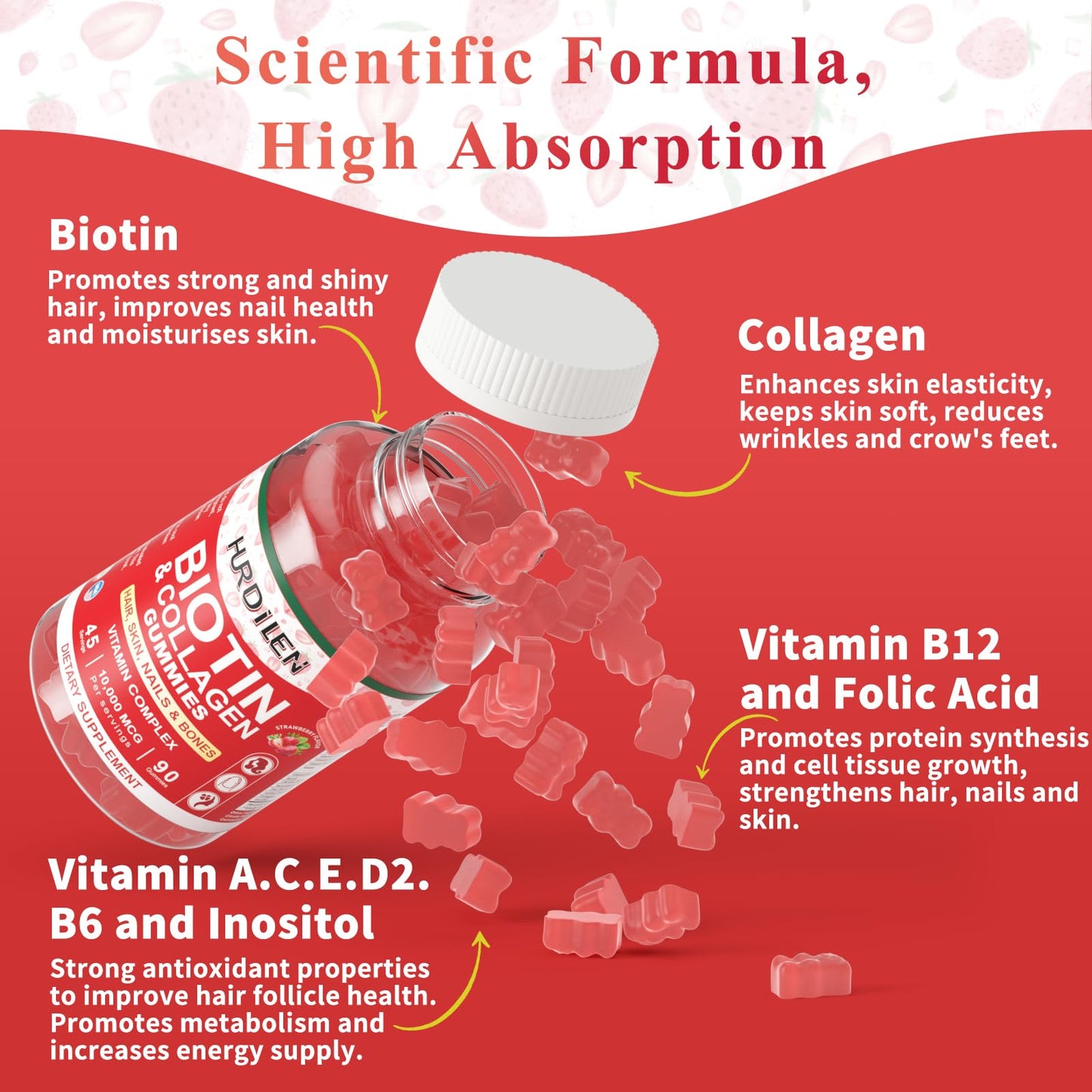 Hurdilen Biotin Collagen Gummies – 10,000 mcg Biotin for Hair, Skin & Nails | 90 Gummies