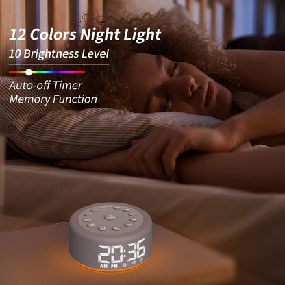 Hushing Sound Machine Alarm Clock with Night Light – Dual Alarms, 30 Sounds, Battery Backup