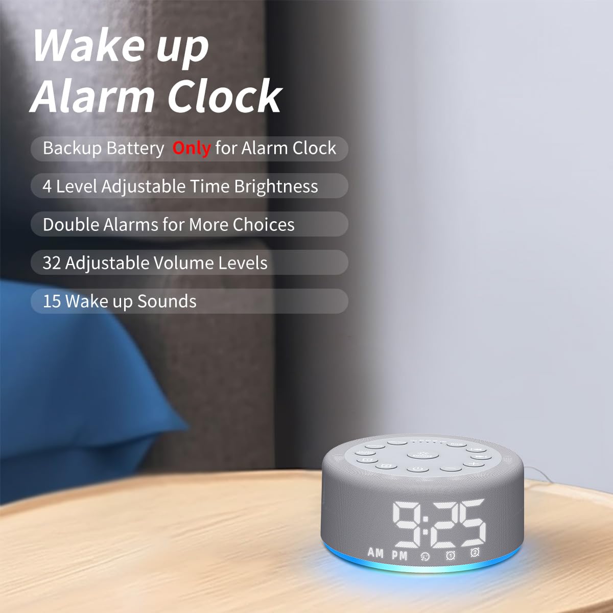Hushing Sound Machine Alarm Clock with Night Light – Dual Alarms, 30 Sounds, Battery Backup