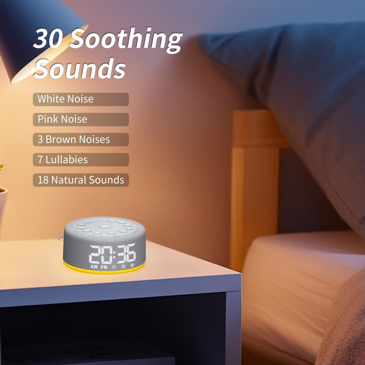 Hushing Sound Machine Alarm Clock with Night Light – Dual Alarms, 30 Sounds, Battery Backup
