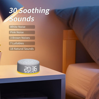 Hushing Sound Machine Alarm Clock with Night Light – Dual Alarms, 30 Sounds, Battery Backup