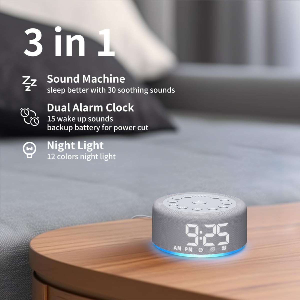 Hushing Sound Machine Alarm Clock with Night Light – Dual Alarms, 30 Sounds, Battery Backup