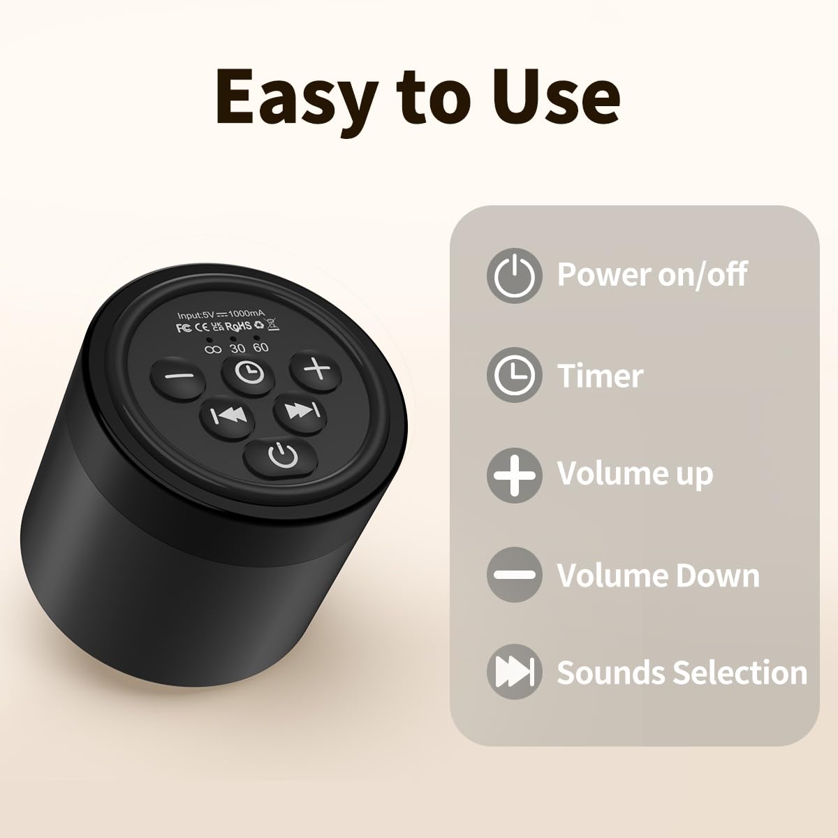 Hushing Portable Mini White Noise Machine – 30 Sounds, Rechargeable Travel Sleep Aid