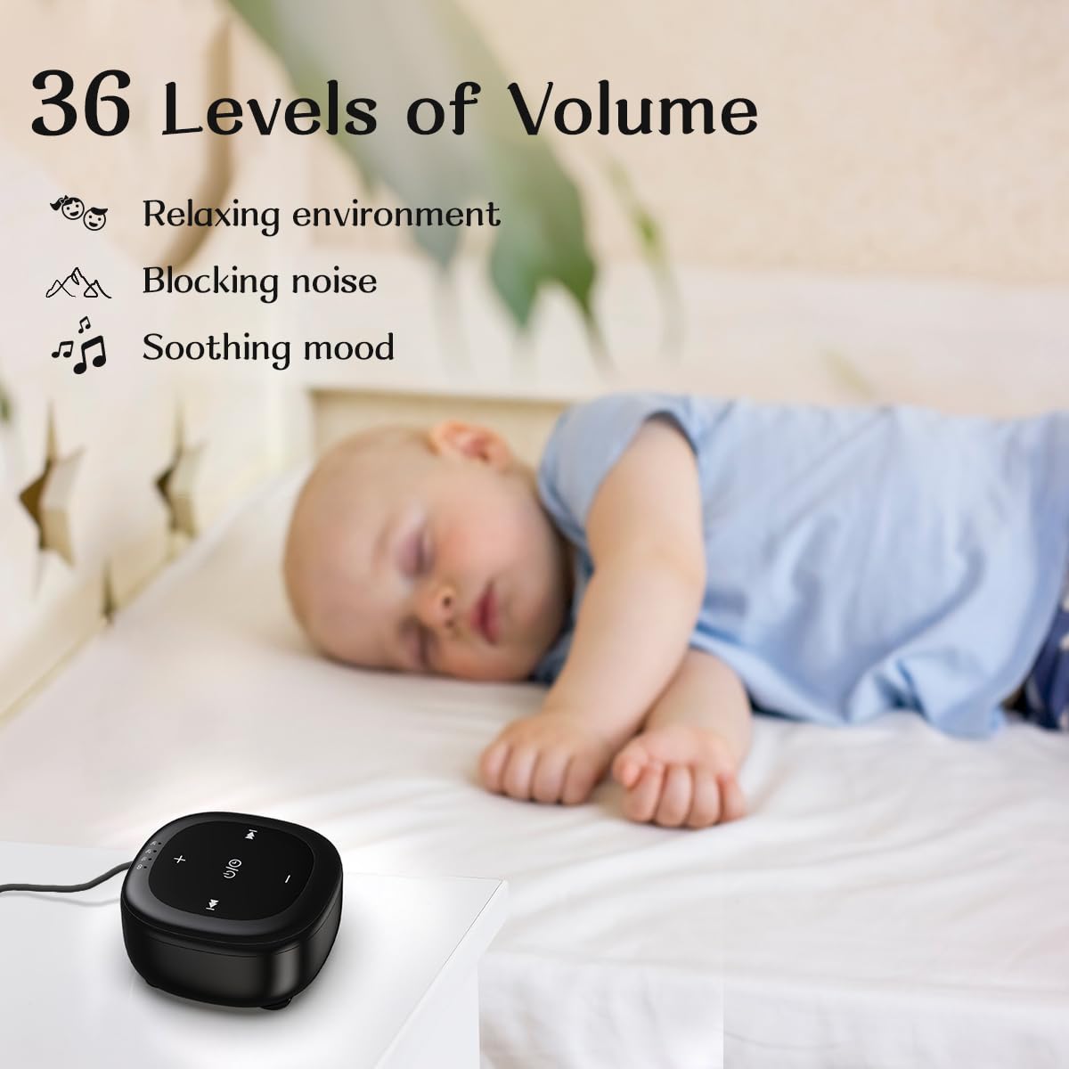 Hushing White Noise Sound Machine – 30 Sounds, 36 Volume Levels, 4 Timers, Memory