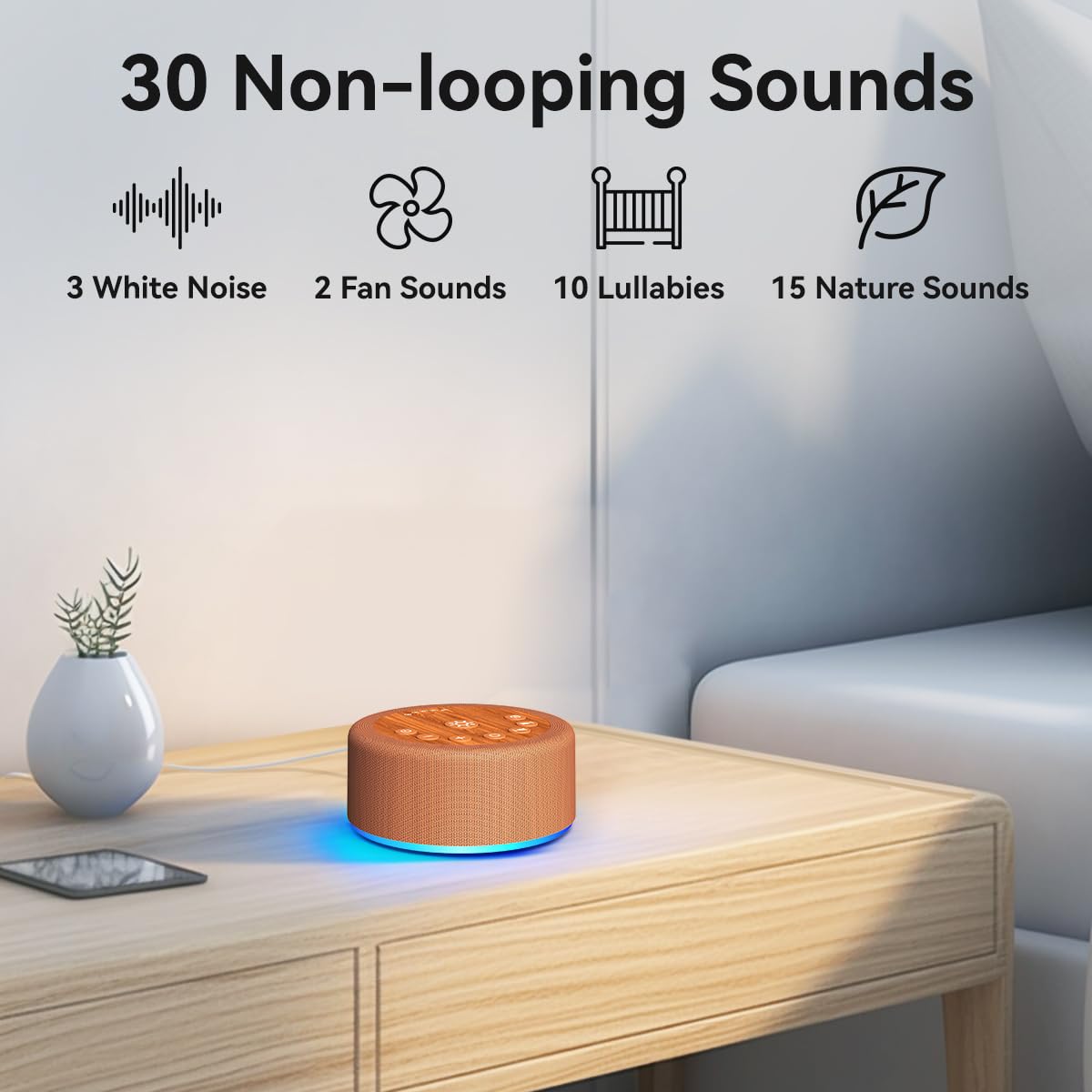 Hushing Sleep Sound Machine – 30 Non-Looping Sounds, 12 Night Lights, 5 Timers, 36 Volume Levels, Memory