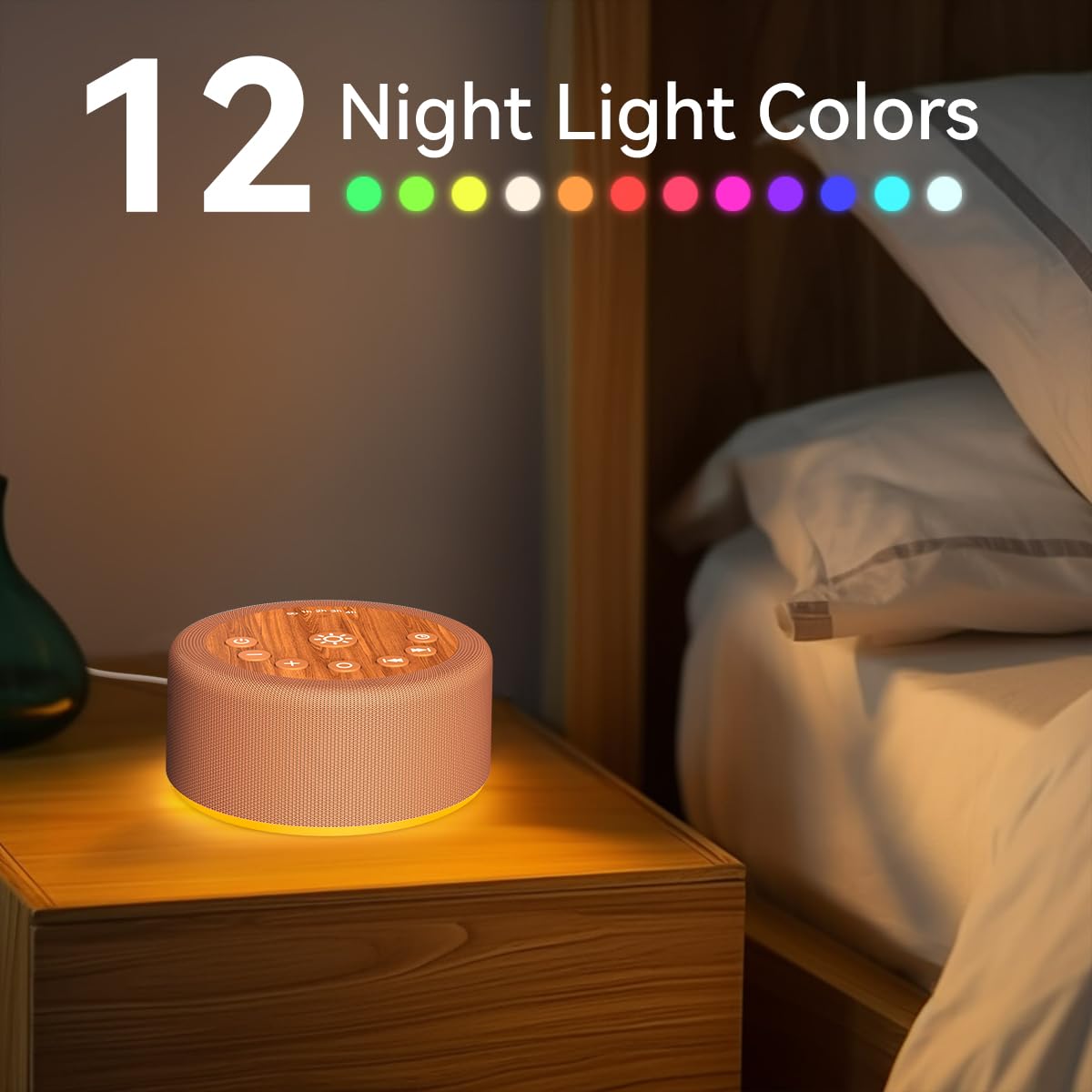 Hushing Sleep Sound Machine – 30 Non-Looping Sounds, 12 Night Lights, 5 Timers, 36 Volume Levels, Memory